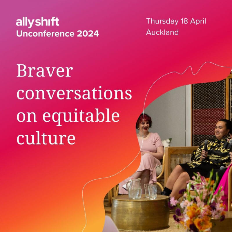 Pink fading to orange tile sayin Allyshift 2024, braver conversations on equitable culture. There are 2 people in bottom left corner sitting on lounges talking