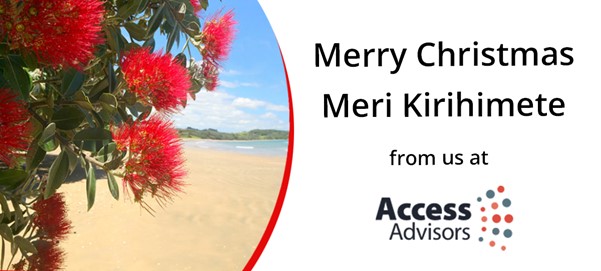 Banner with a photo of pohutukawa flowers and the text Merry Christmas, Meri Kirihimtete from all of us at Access Advisors.