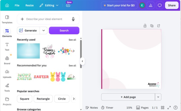 Screenshot of the Canva design editor showing the Elements panel on the left and a blank square design template with Access Advisors branding on the right.
