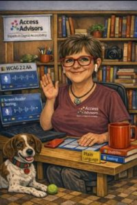A caricature of Chandra created by AI. She is sitting behind her desk waving. She has a computer beside her and earbuds in her ears. Winnie the dog is lying in front of Chandra with her tennis ball between her front paws. There are lots of books in the background