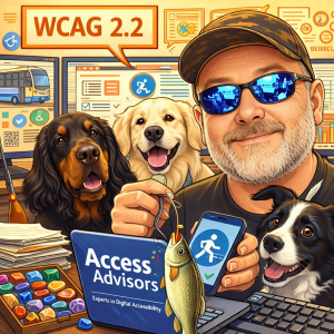 Ross sitting behind his laptop. His 3 dogs are sitting around him. He is holding a mobile phone in his left ahnd and a fishing lure in the right. The words WCAG 2.2 are in a speech bubble above his head