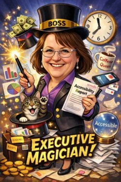 Katherine standing with a magic wand in her hand and a large hat on with the word Boss on the band. The words Executive Magician are in gold which is her job title. There is her cat Toby being magiced from a hat in front of her. Toby is waving a paw. Lots of reports and colour