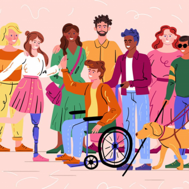A group of people with disabilities including people with missing limbs, prosthetics, guide dogs, canes, in wheelchairs, and people with hidden disabilities.