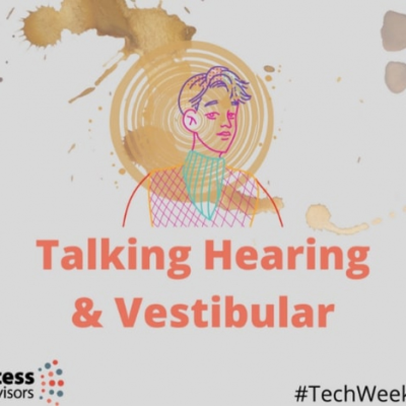 Talking Hearing and Vestibular. Line drawing of soundwaves moving towards a man's ear
