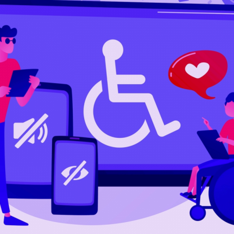Stylised tablet in background with wheelchair symbol. Infront of tablet is 2 smaller devices one with a cannot hear symbol and the other with a cannot see symbol. There are 2 people on the sides, 1 standing with tablet in hands and the other in a wheelcha