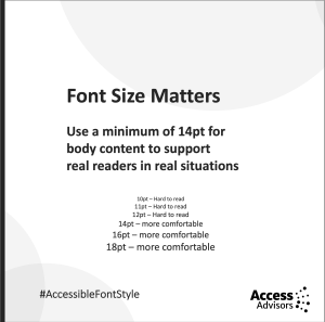 Tile - Font size matters. Use minimum of 14pt for bosy content to support real readers in real situations. 