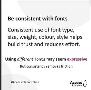 Tile - be consistent with fonts, size, weight colour, style helps build trust and reduces effort