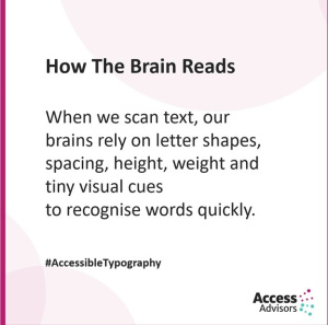 Tile with the words – How the brain reads - When we scan text, our brains rely on letter shapes, spacing, height, weight and tiny visual cues to recognise words quickly.