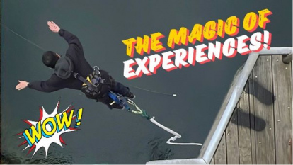 Julius bungee diving off a bridge, with the words the magic of experiences and wow