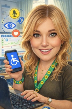 Kirsten sitting at her laptop holding a mobile phone in her right hand. She has blond hair and big bright eyes and is smiling. She has a sunflower lanyard around her neck identifing her as having a hidden disability