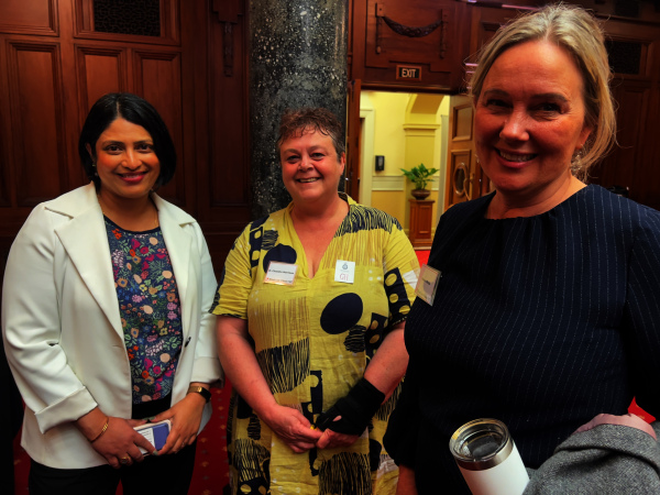 Hon Priyanca Radhakrishnan, Dr Chandra Harrison and Hon Helen White discussing digital accessibility after the speeches