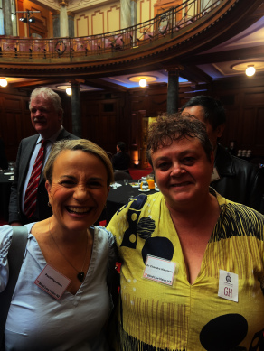 Whaikaha CEO Paula Tseiriro and Chandra catching up after the speeches