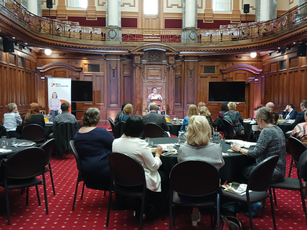 Chandra presenting to a room of MPs, business people and accessibility advocates