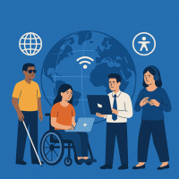 Blue tile with a dark blue world map as a background. In the foreground the are 4 people, a man standing with a white cane, a woman in a wheelchair with a laptop on her lap, a man standing holding an open laptop and a woman standing wearing headphones white symbols for internet, wifi and accessibility are above their heads.