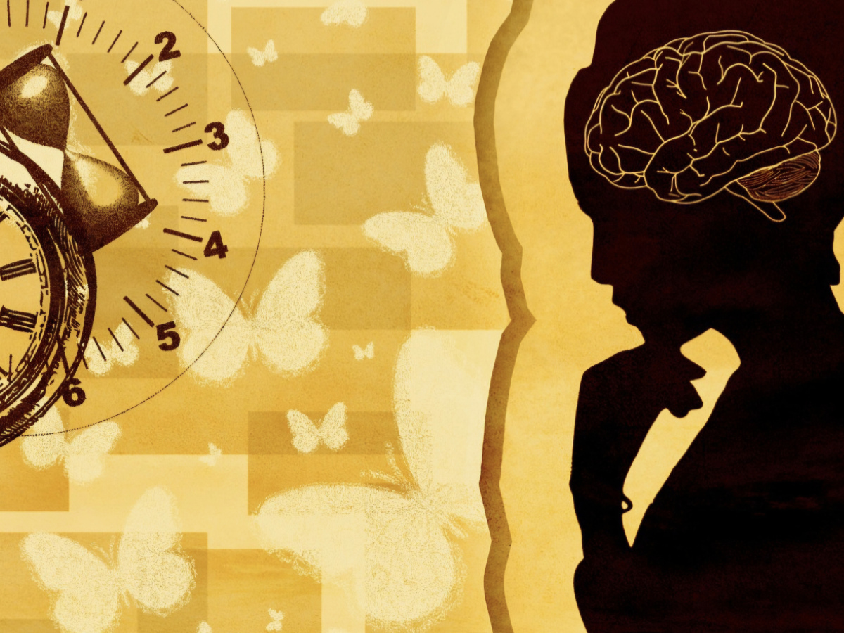A silhouette of a person thinking, with a brain outline inside their head. On the left, there’s a clock and hourglass. Butterflies are scattered in the background, with warm yellow and beige tones.