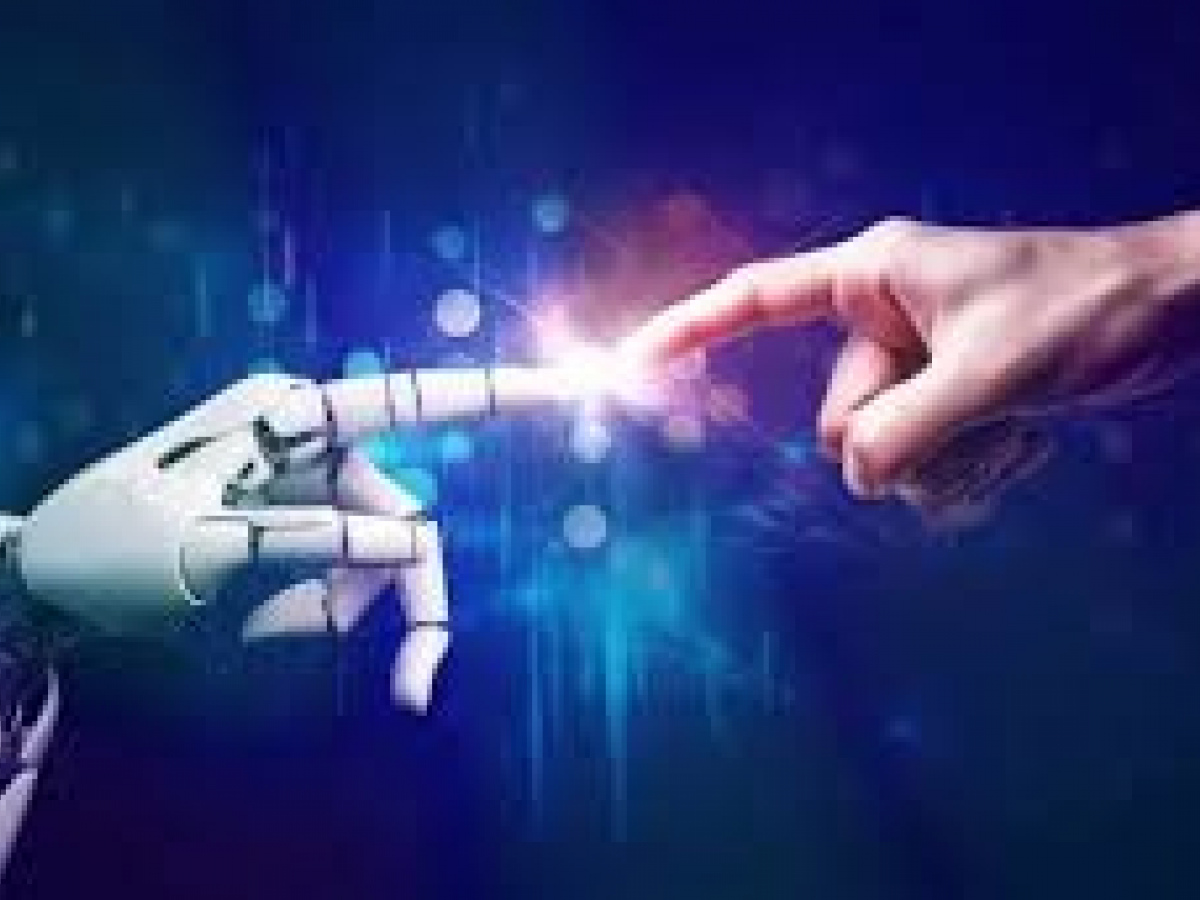 A robot hand reaching out through the web to touch finger to finger with a human hand. This creates a spark at both fingertips.
