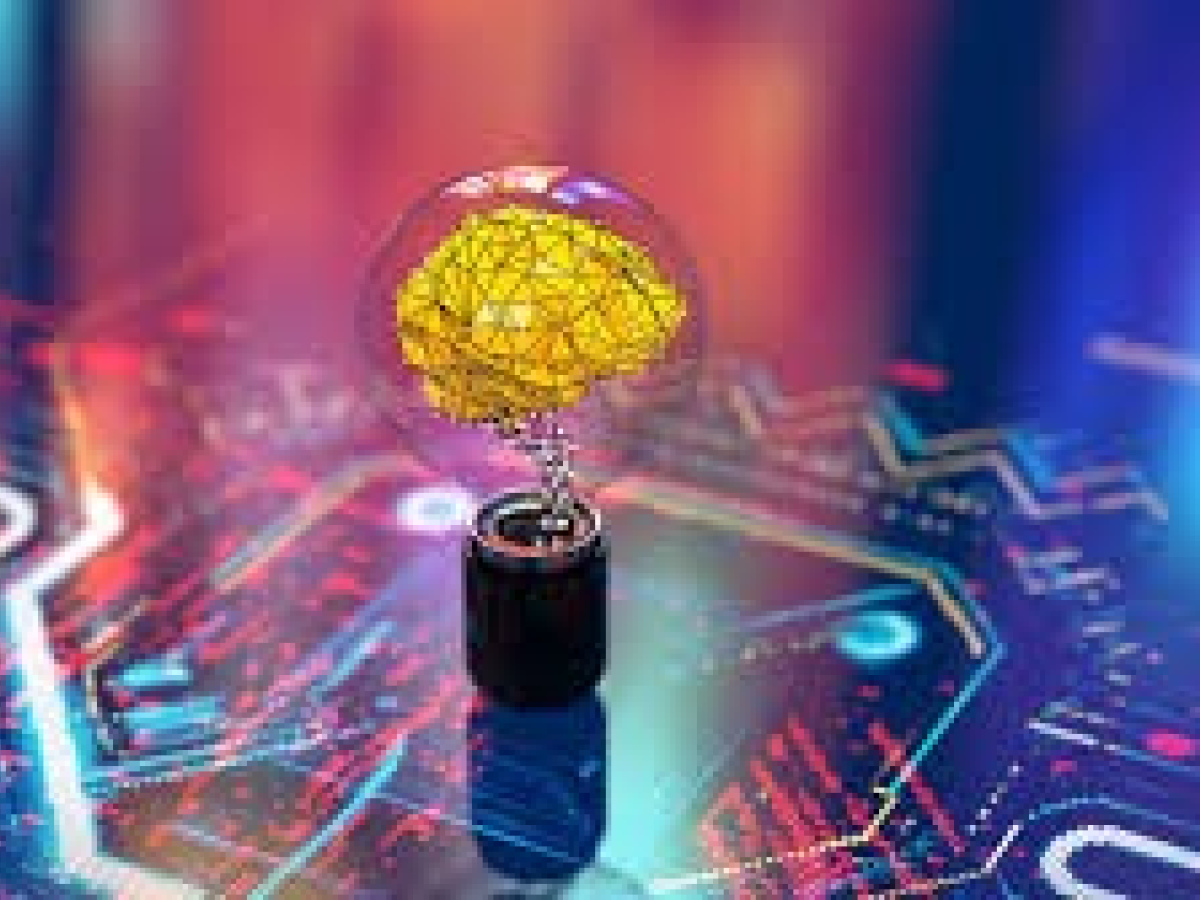 A yellow brain with a wiring pattern over it pictured inside a lightbulb. The lightbulb is upright in the middle of a colourful blue pink and purple motherboard.