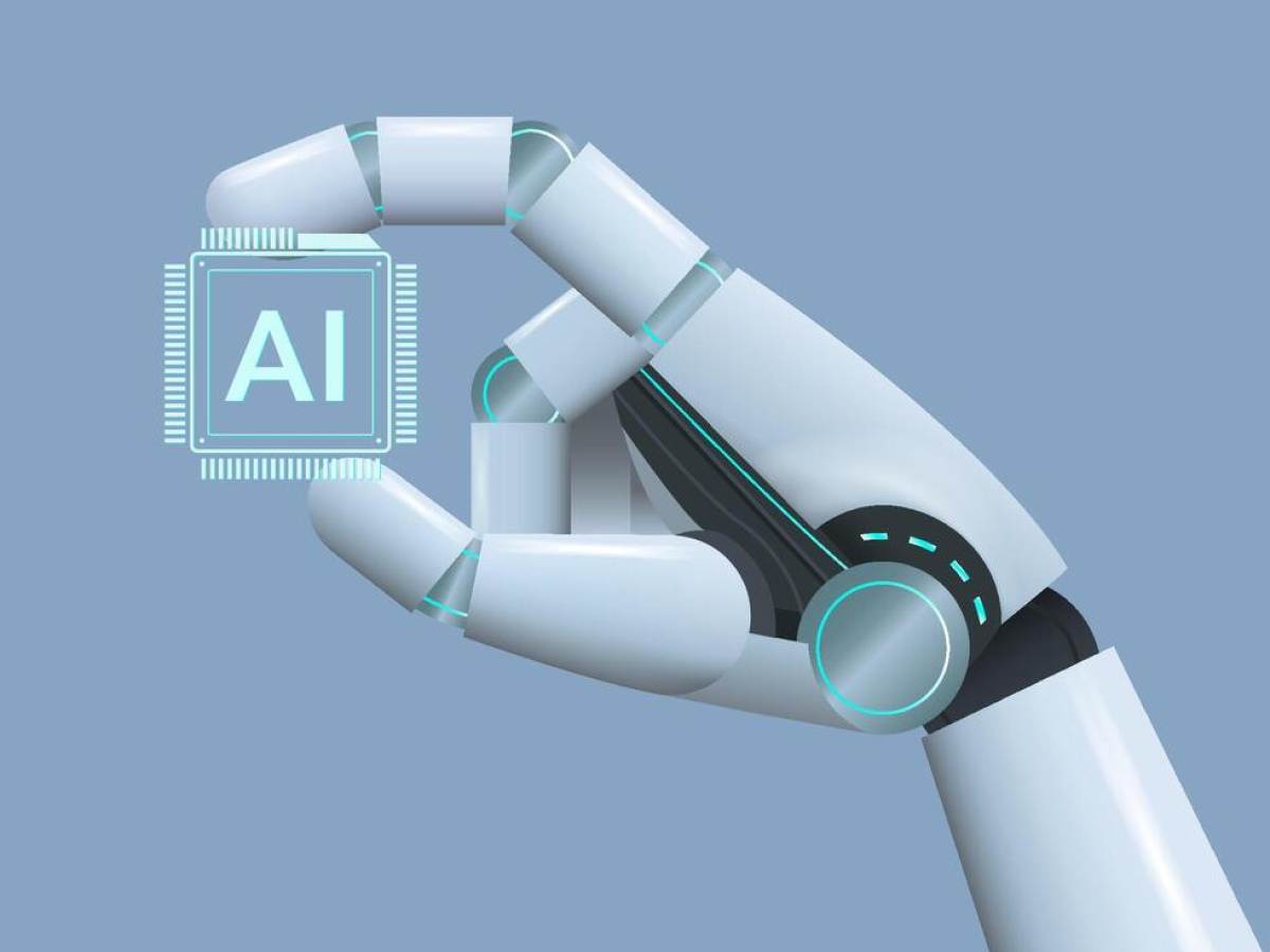 A blue background with a white robotic hand holding a microchip with AI written on it.