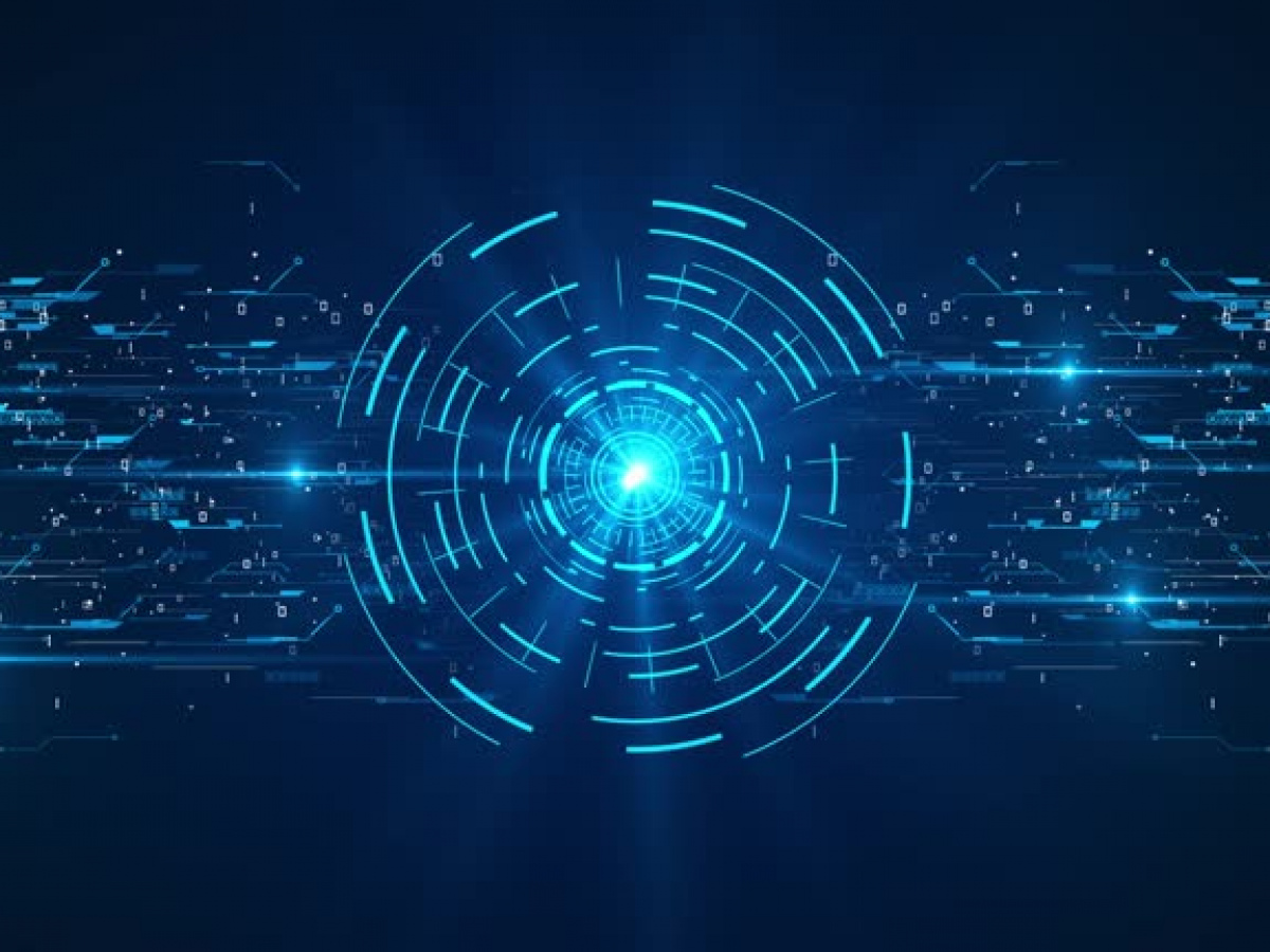 Hi-Tech digital overlay, bright blue lines forming a circle on a dark blue background. horizontal lines are going outward fom the circle to the edge of the image