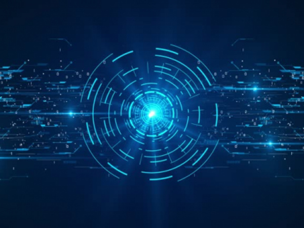 Hi-Tech digital overlay, bright blue lines forming a circle on a dark blue background. horizontal lines are going outward fom the circle to the edge of the image