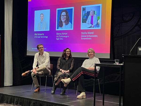 Nik, Berys and Stella on stage at the Inde hosted AI for charities event
