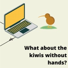 What about the kiwis without hands? A kiwi bird looks at a laptop.