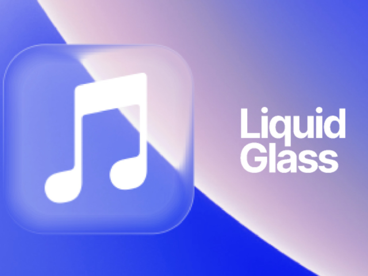White musical note in a square bubble with the words Liquid Glass written in write to the right of the image. The background is blue on the left with a curved change of colour halfway across the image to white fading back to blue on the right