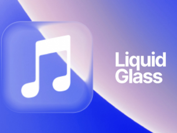 White musical note in a square bubble with the words Liquid Glass written in write to the right of the image. The background is blue on the left with a curved change of colour halfway across the image to white fading back to blue on the right