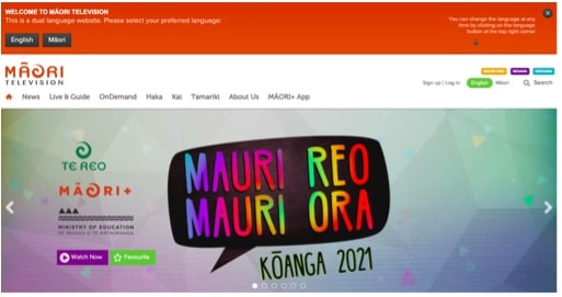 Māori Television homepage. A bright speech bubble contains the words mauri reo, mauri ora. A banner at the top of the page allows the user to switch the language of the site between English and Māori
