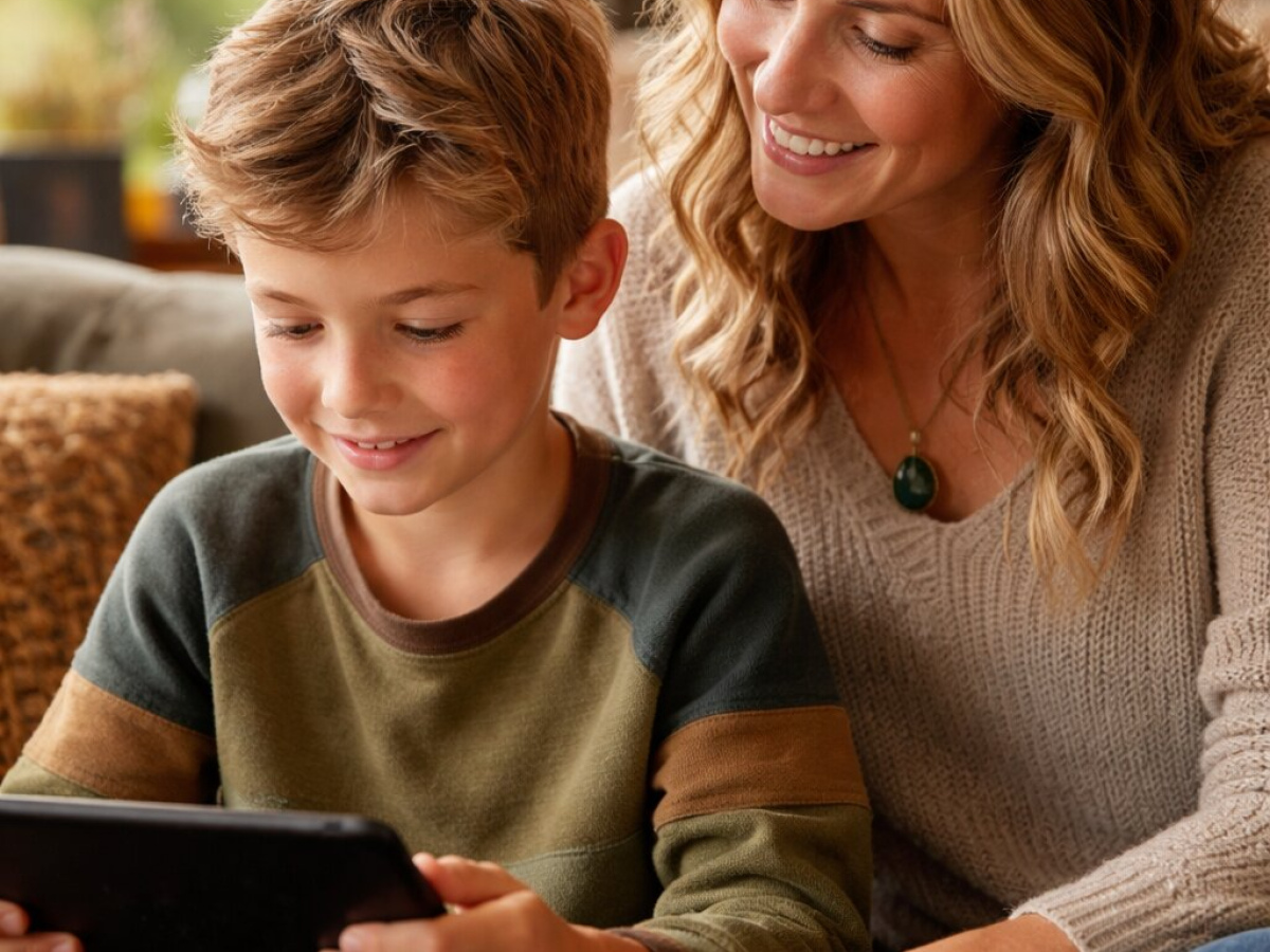 A smiling caregiver sits beside a young child in a warm, sunlit living room. The child is holding a tablet and looking down at the screen with focus, while the caregiver leans in closely, watching with a gentle, engaged expression.
