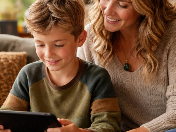 A smiling caregiver sits beside a young child in a warm, sunlit living room. The child is holding a tablet and looking down at the screen with focus, while the caregiver leans in closely, watching with a gentle, engaged expression.
