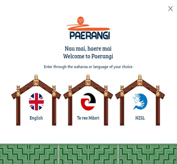 Welcome message on the Paerangi website offers the choice of English, Te reo Māori, or NZSL for users.