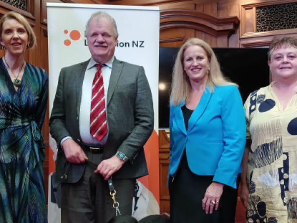 Andrea Midgen (CEO of BLVNZ), Clive Lansinck (President of BLVNZ), Hon Louise Upston (Minister of Disability Issues) and Dr Chandra Harrison