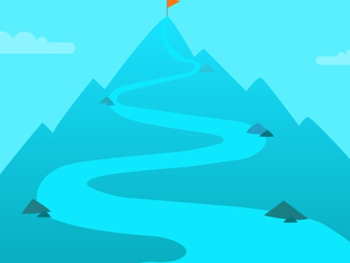 A path winds its way up a blue mountain ending at an orange flag on the highest peak.