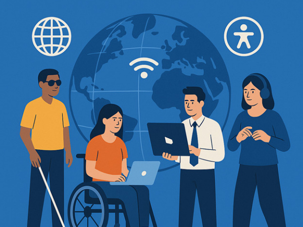 4 people, one blind male with a white cane, one female in a wheelchair with a computer in her lap, a male standing holding a computer and a female with headphones on. There is a world globe behind them as well as symbols for internet, wifi and accessibilt