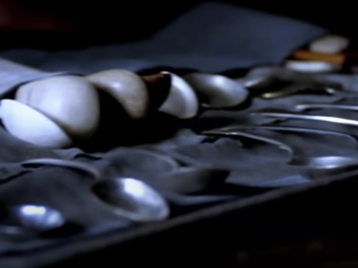 A large collection of spoons of different sizes and finishes are displayed in an unrolled black fabric roll bag.