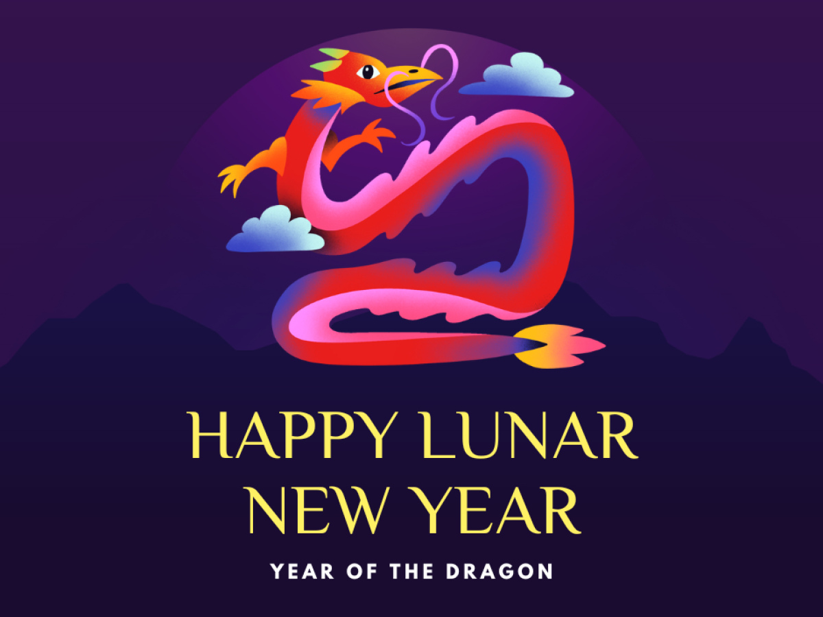 Chinese dragon on a tile with the words Happy Lunar New Year, Year of the Dragon