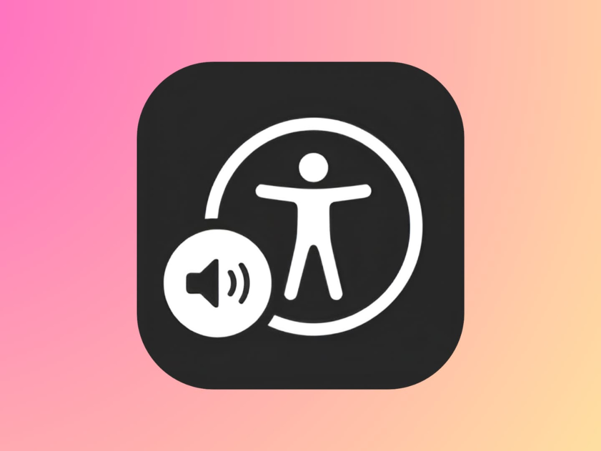 Black square icon with a white figure standing inside a circle and a speaker symbol overlay, representing Voice Over or audio accessibility features.