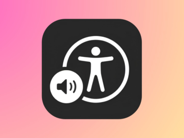 Black square icon with a white figure standing inside a circle and a speaker symbol overlay, representing Voice Over or audio accessibility features.