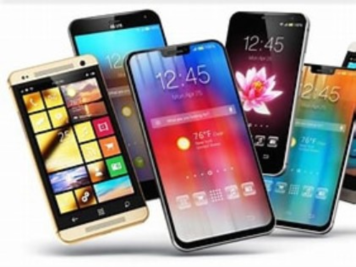 A colourful mix of modern smartphones standing together, each with bright, eye‑catching home screens. The different sizes and styles show a variety of phone designs and operating systems.