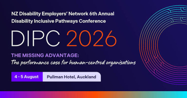 NZDEN conference for 2026 purple tile with a colourful blue to pruple semi circle on the side